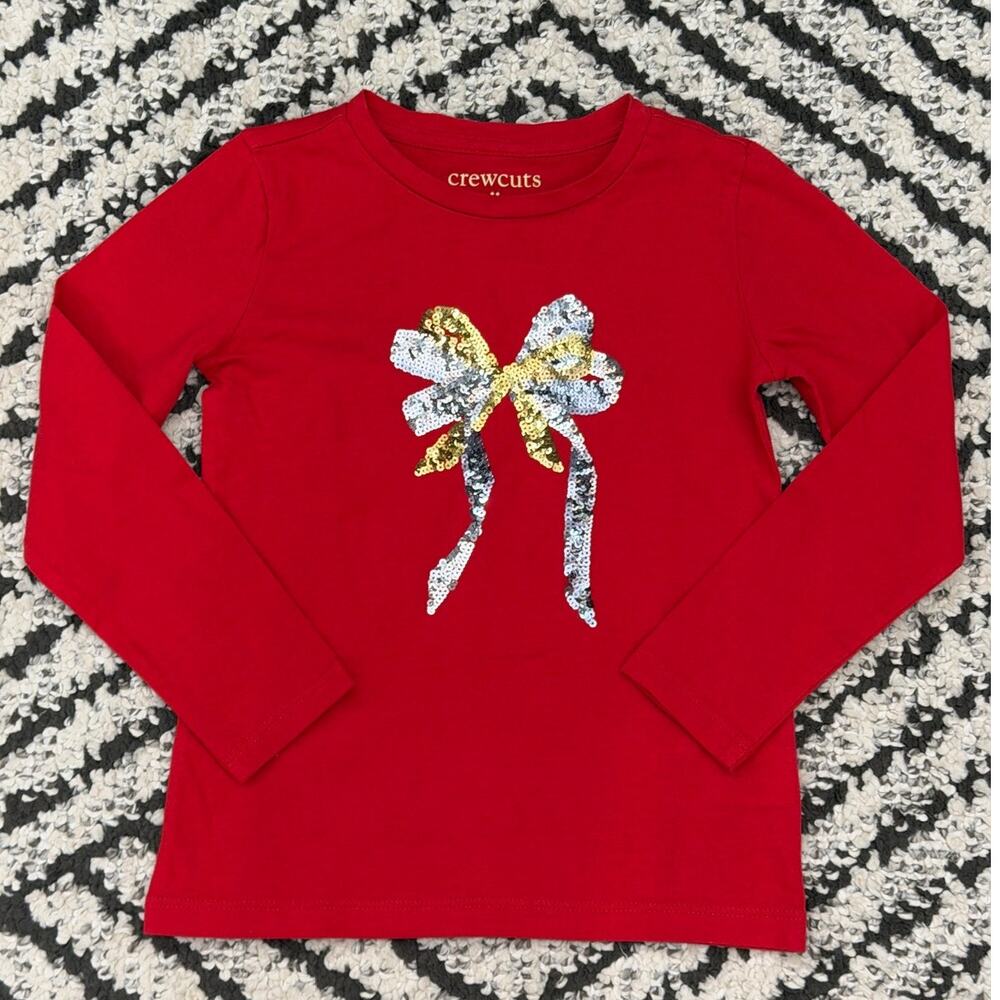 Crewcuts Girls Red Sequin Bow Holiday Shirt XS 4-5y